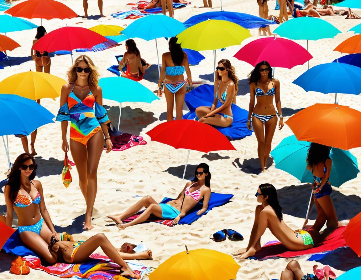 A vibrant beach scene showcasing diverse models in fashionable beachwear, blending elements of high fashion and adult film trends. Include colorful umbrellas, a sun-drenched sandy shore, and playful beach accessories. Capture a lively atmosphere with people enjoying the sun, adding an artistic flair with brush strokes and playful patterns. super-realistic. vibrant colors. beach setting.